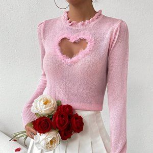 Long Sleeve Sweater With Flounce Trim And Decorative Edges PINK